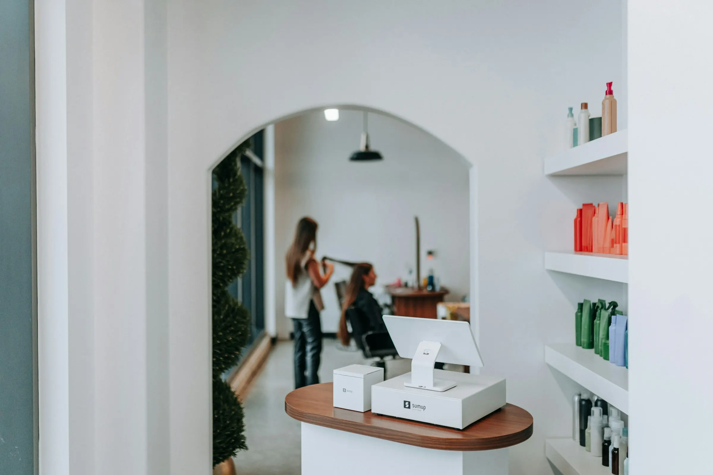 A bright salon front desk